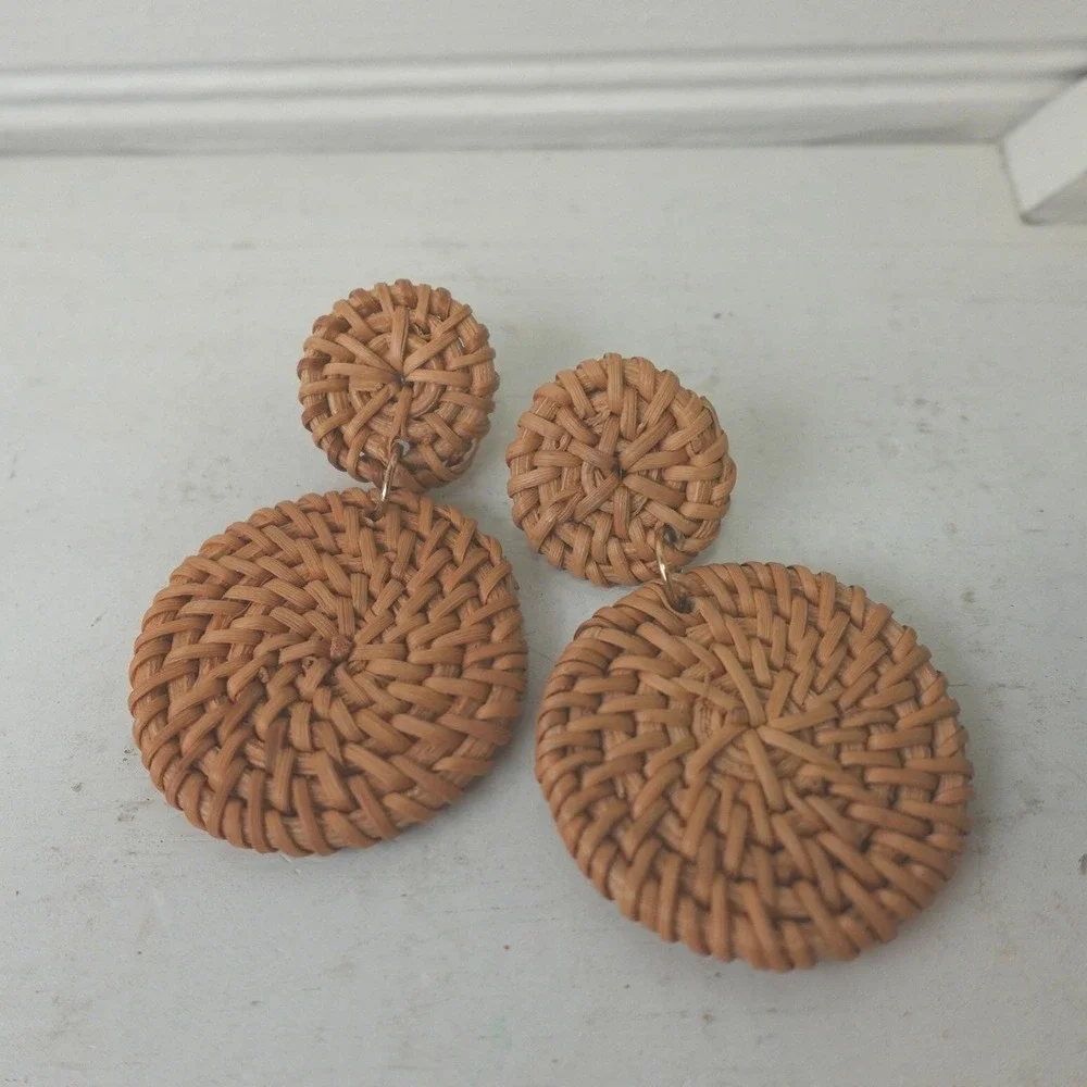 Large Y2K Woven Earrings Rattan Wicker Boho Hippie Vintage Pierced Jewelry